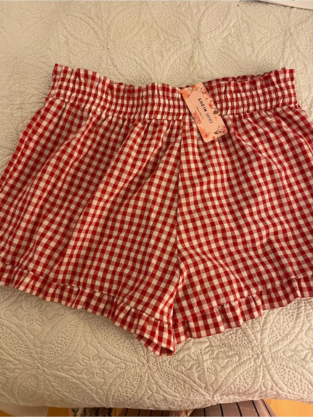 SHEIN Red and White Gingham Elastic-Waist Shorts